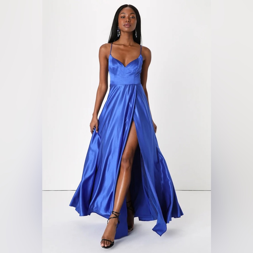Lulus Ballroom Babe Royal Blue Satin A-Line Backless Maxi Dress Small NWT